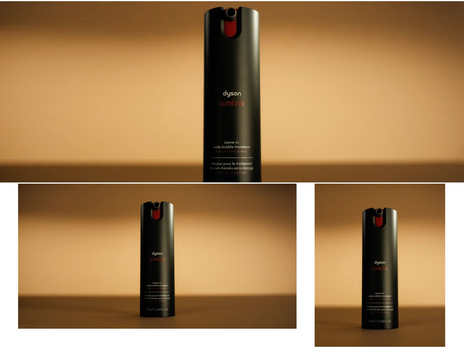 Dyson Amino leave-in scalp bubble treatment illuminated from behind with a warm orange glow.