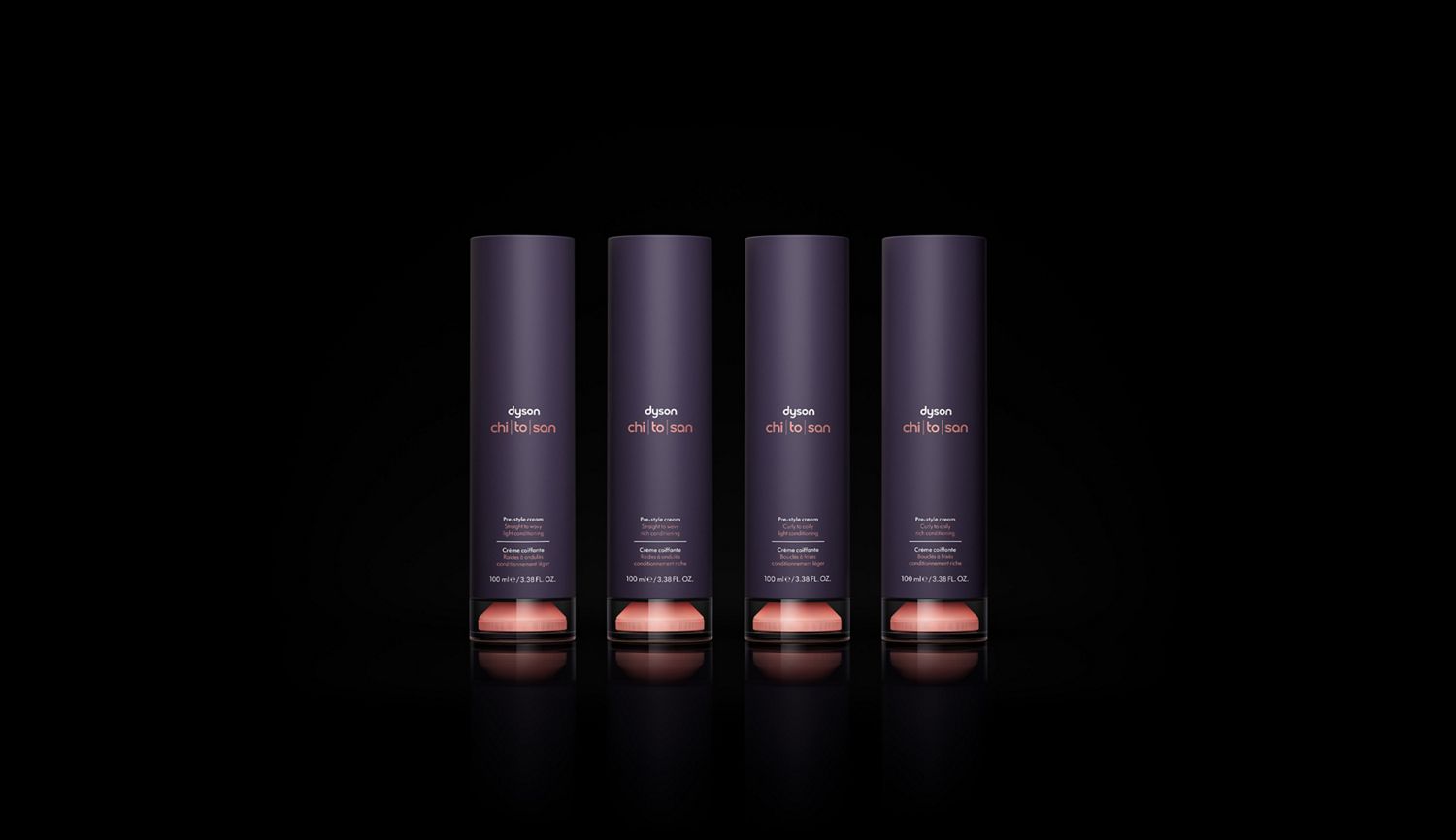 Line up of Dyson Chitosan Pre-style cream in four different variants