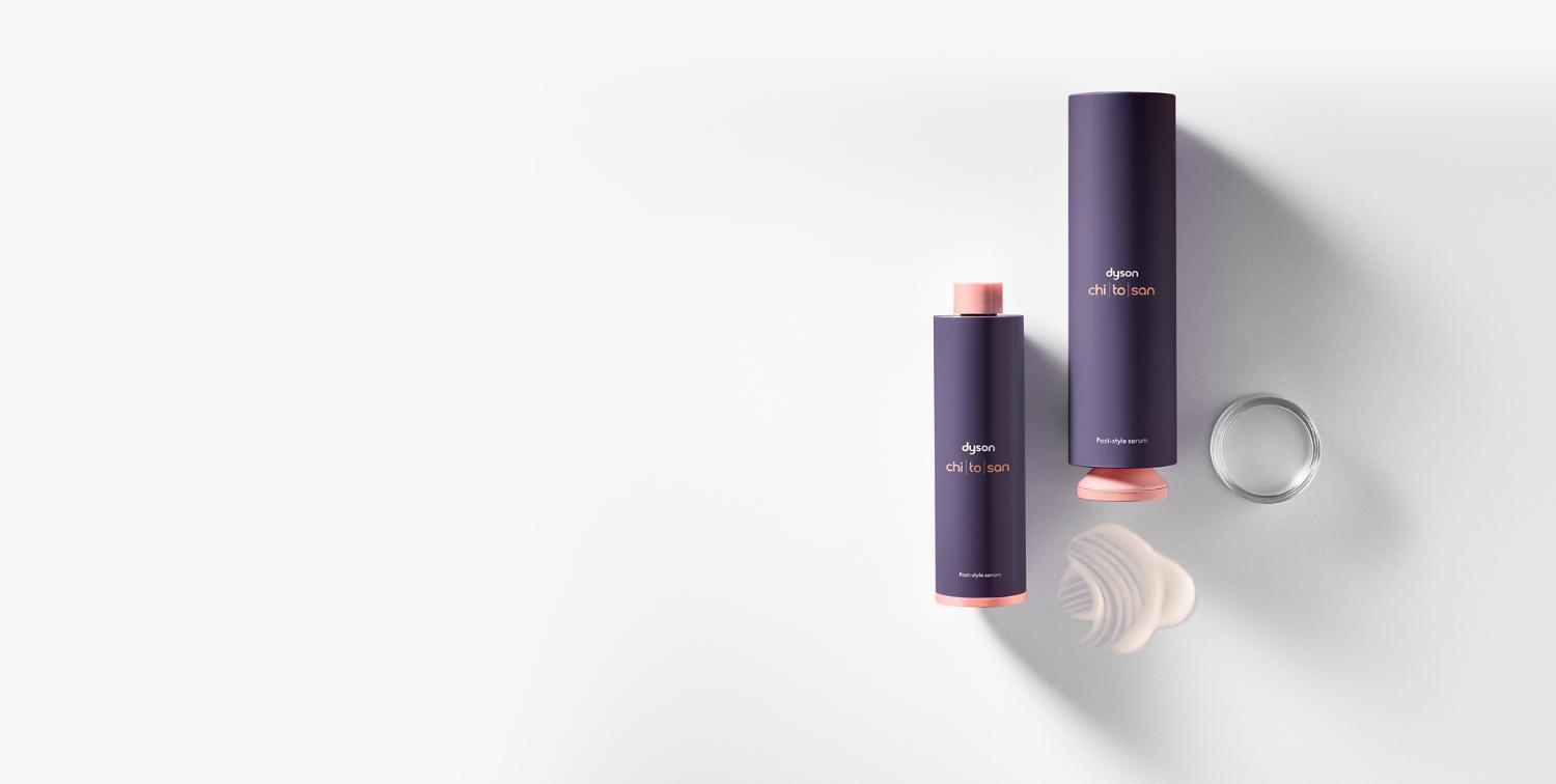 Dyson Chitosan Post-style serum outer packaging and refill bottles next to each other