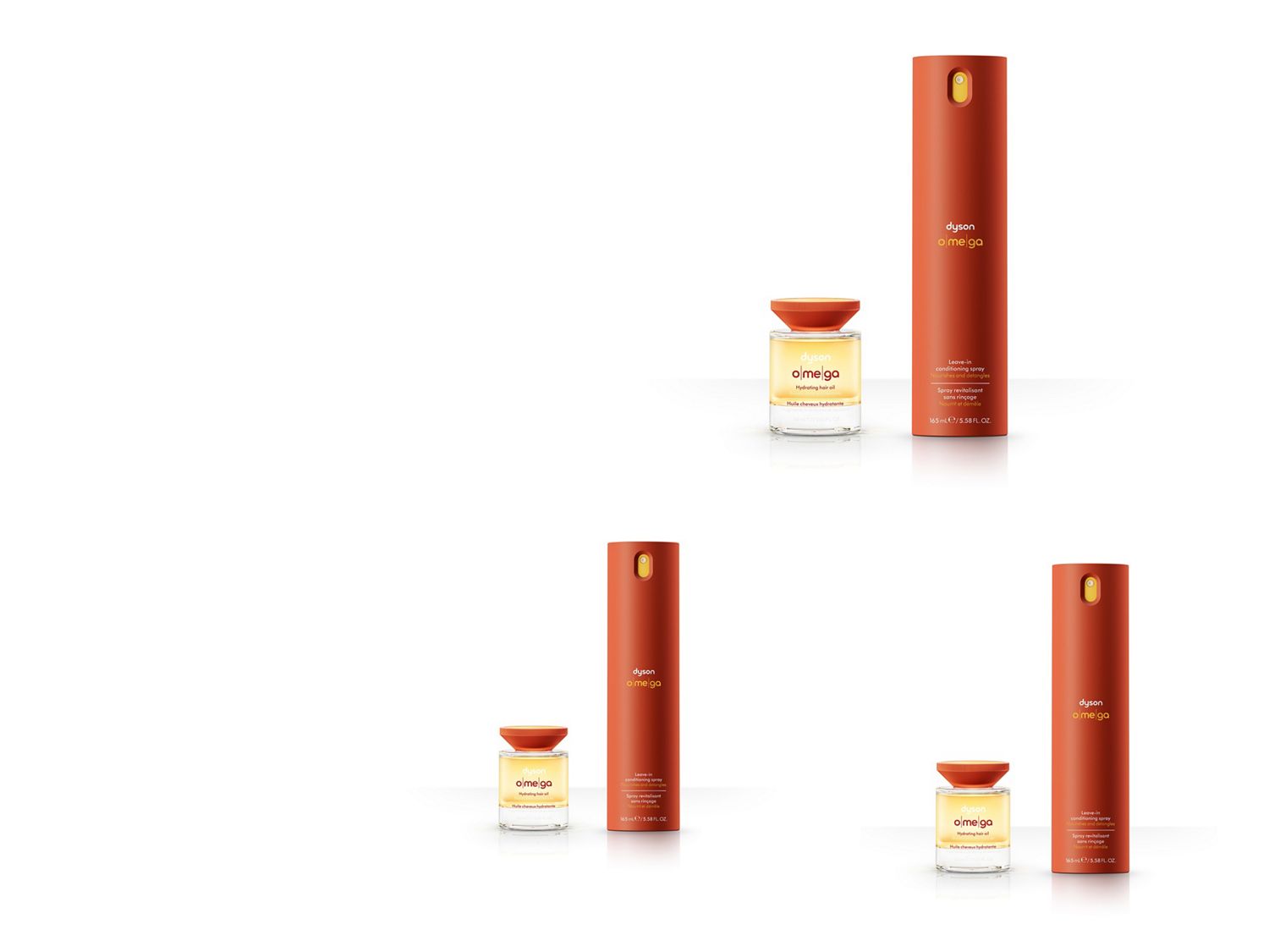 Dyson Omega leave-in conditioning spray and hydrating hair oil.