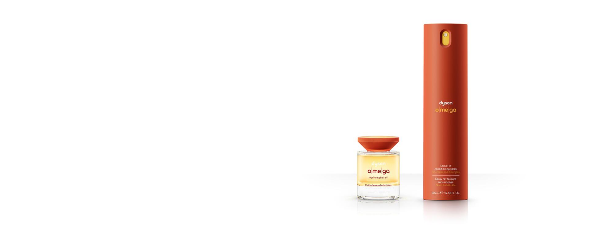 Dyson Omega leave-in conditioning spray and hydrating hair oil.