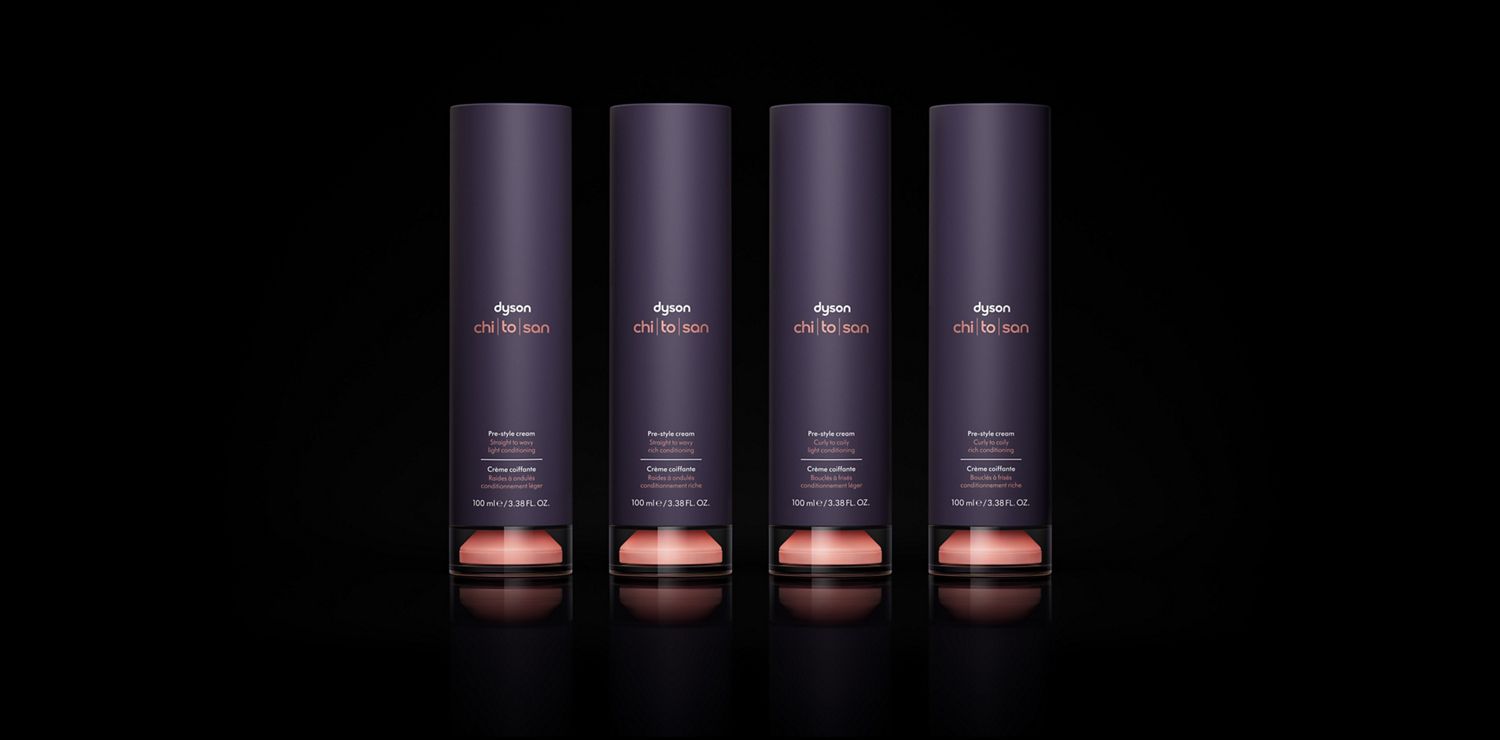 Line up of Dyson Chitosan Pre-style cream in four different variants
