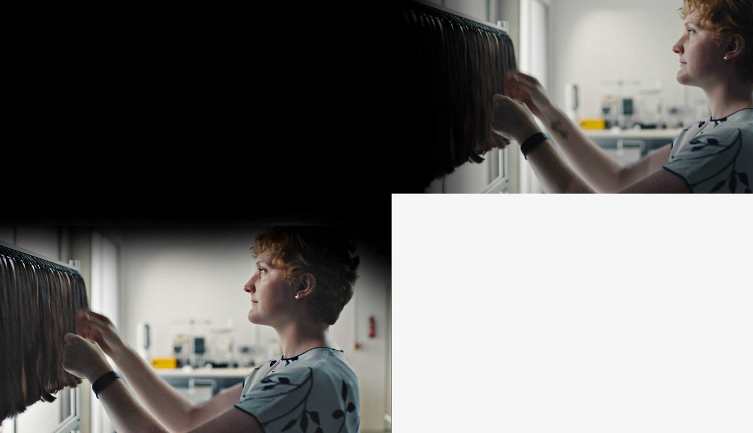 Hair scientist working on tresses in a lab Hair scientist working on tresses in a lab
