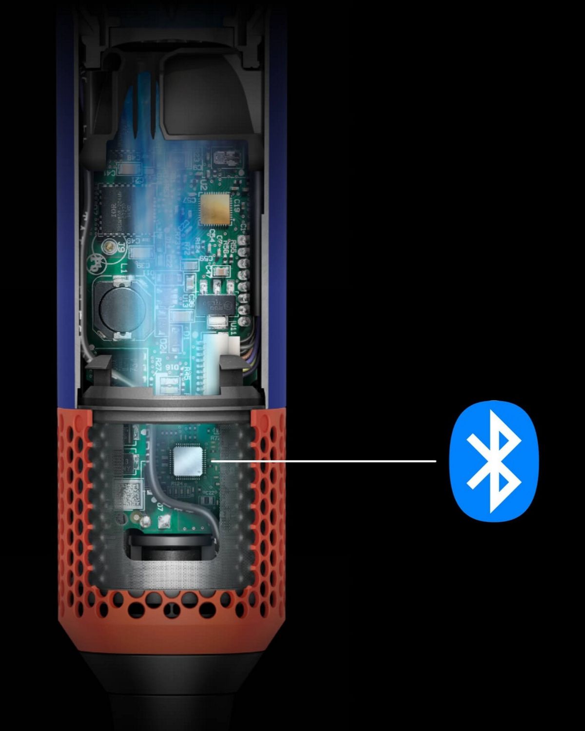 Cutaway showing the technology inside the Dyson Airwrap ID, with the Bluetooth icon highlighted.