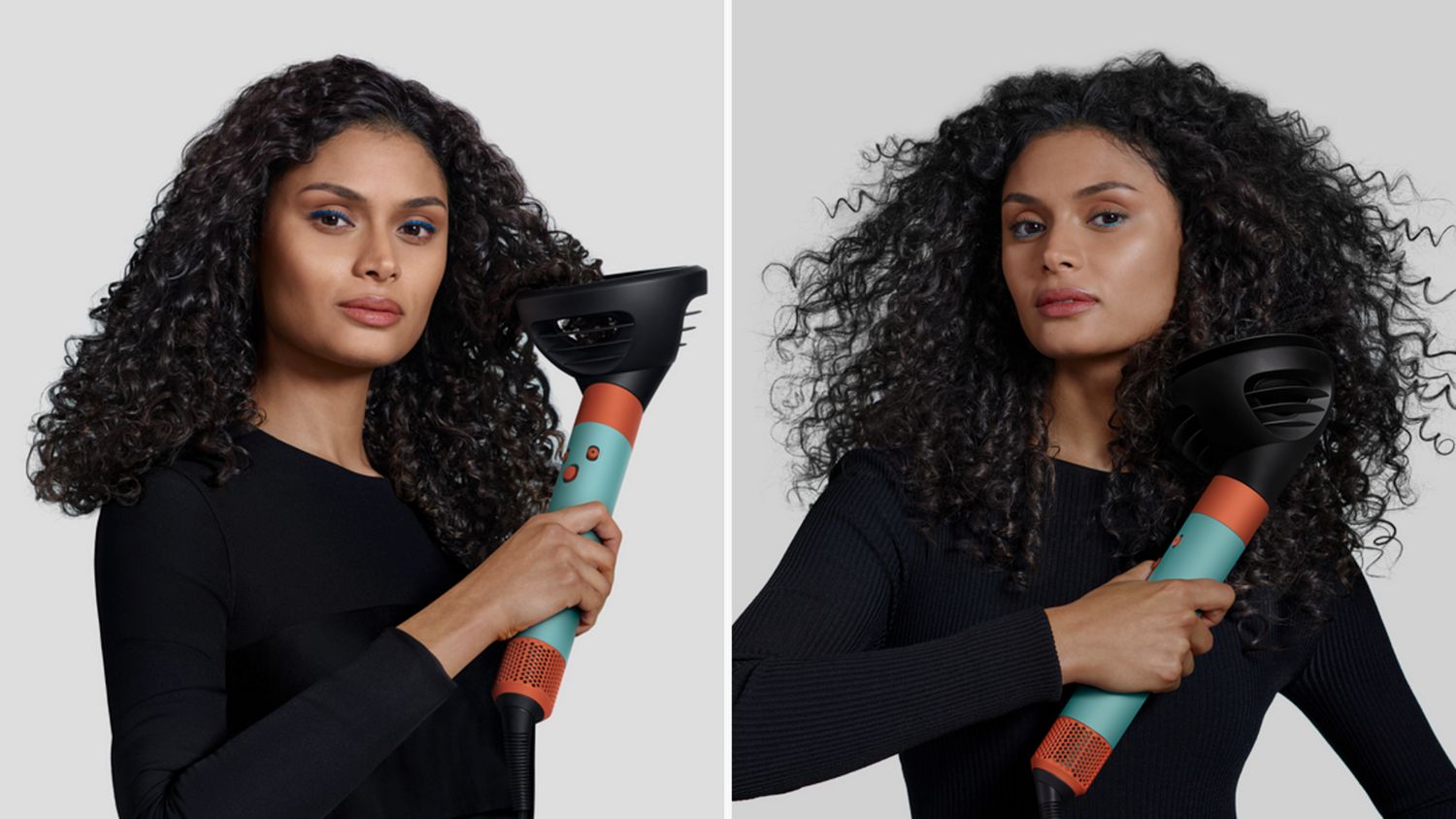 A model using the Ceramic Patina Dyson Airwrap i.d multi-styler and dryer with Wave+Curl diffuser.