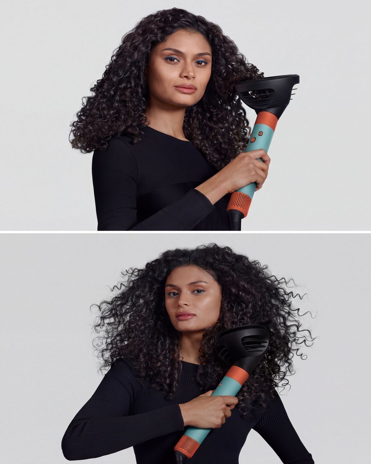 A model using the Ceramic Patina Dyson Airwrap i.d multi-styler and dryer with Wave+Curl diffuser.