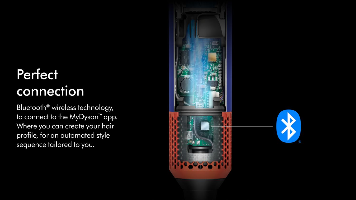 Cutaway showing the technology inside the Dyson Airwrap ID, with the Bluetooth icon highlighted. 