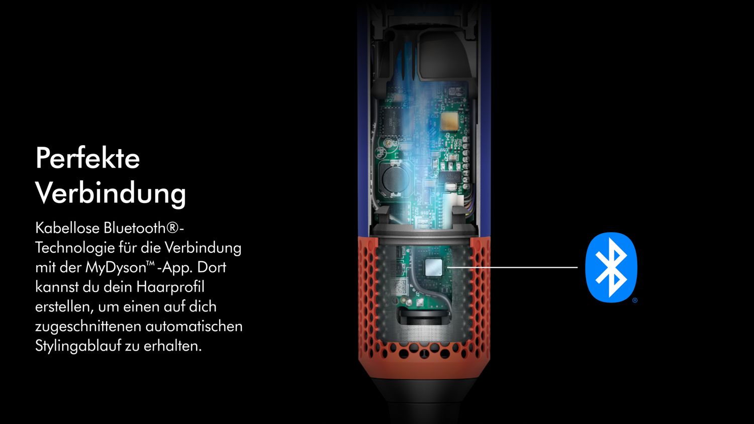 Querschnitt durch die Technologie im Inneren des Dyson Airwrap ID, wobei das Bluetooth-Symbol hervorgehoben ist. 