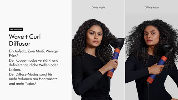 Frau mit lockigem Haar, die sich mit dem Diffusor für Wellen und Locken stylt, zeigt die mit zwei verschiedenen Modi erzielten Styles.