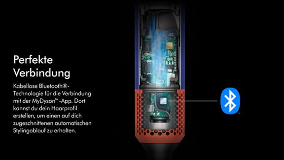 Querschnitt durch die Technologie im Inneren des Dyson Airwrap ID, wobei das Bluetooth-Symbol hervorgehoben ist. 