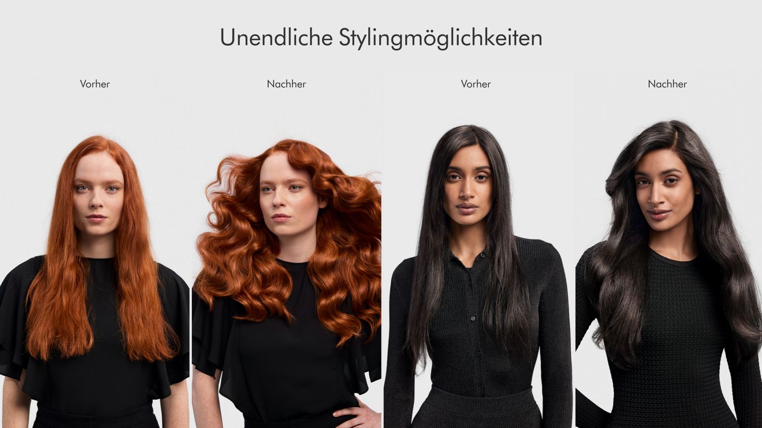 Verschiedene glatte und gewellte Frisuren vor und nach der Verwendung des Dyson Airwrap ID.