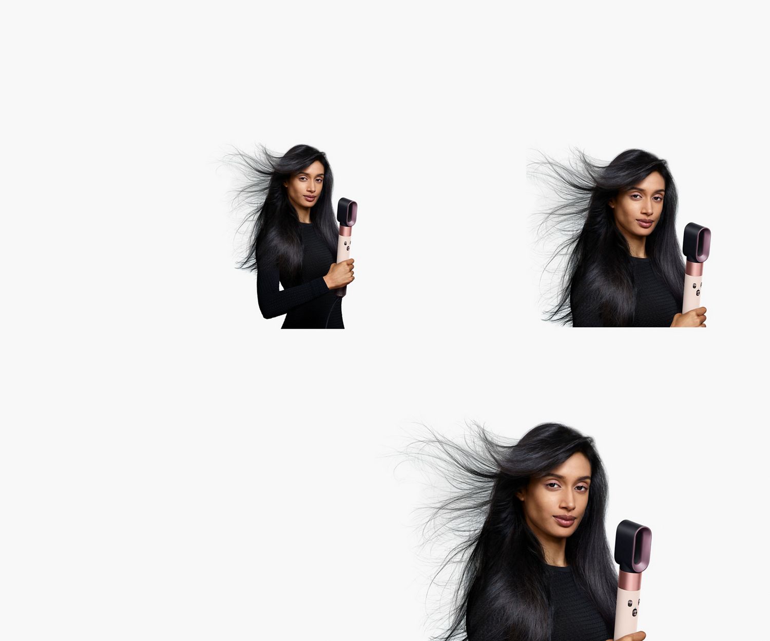 A model with long, dark hair uses the Fast dryer attachment to rough dry her hair. A model with long, dark hair uses the Fast dryer attachment to rough dry her hair.