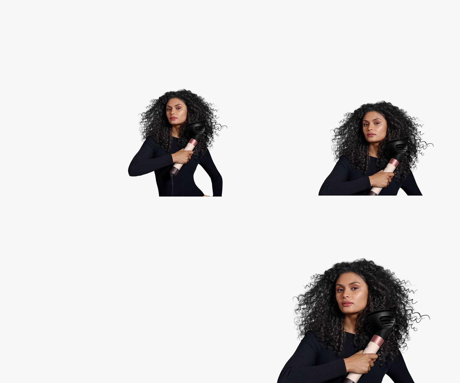 A model with dark hair uses the Wave+Curl diffuser to enhance her natural curls. A model with dark hair uses the Wave+Curl diffuser to enhance her natural curls.