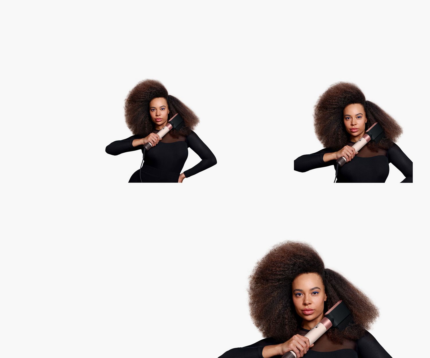 A model with coily hair uses the Wide-tooth comb attachment to shape and lengthen her natural hair. A model with coily hair uses the Wide-tooth comb attachment to shape and lengthen her natural hair.