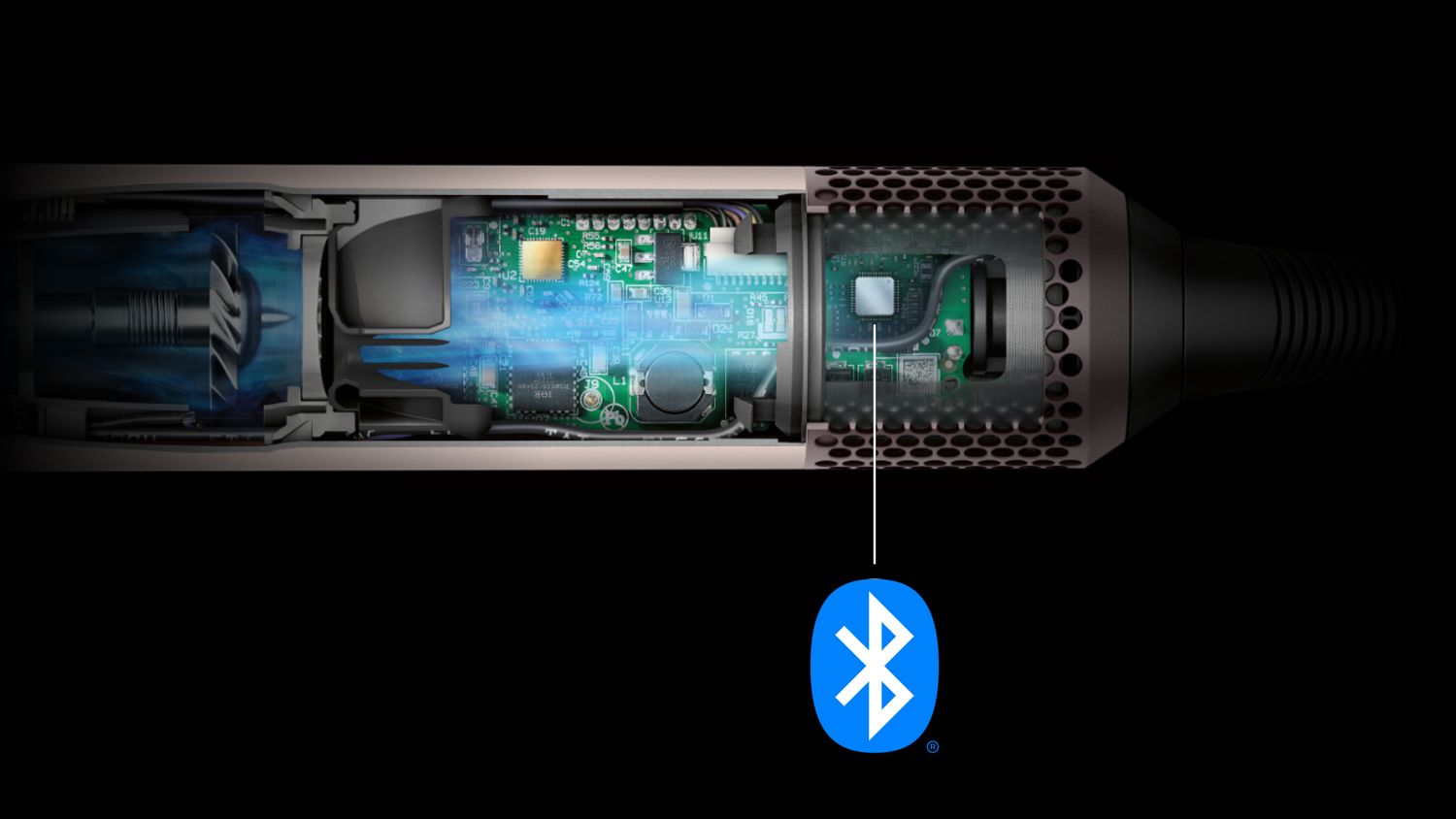 Cutaway showing the technology inside the Dyson Airwrap ID, with the Bluetooth icon highlighted. 
