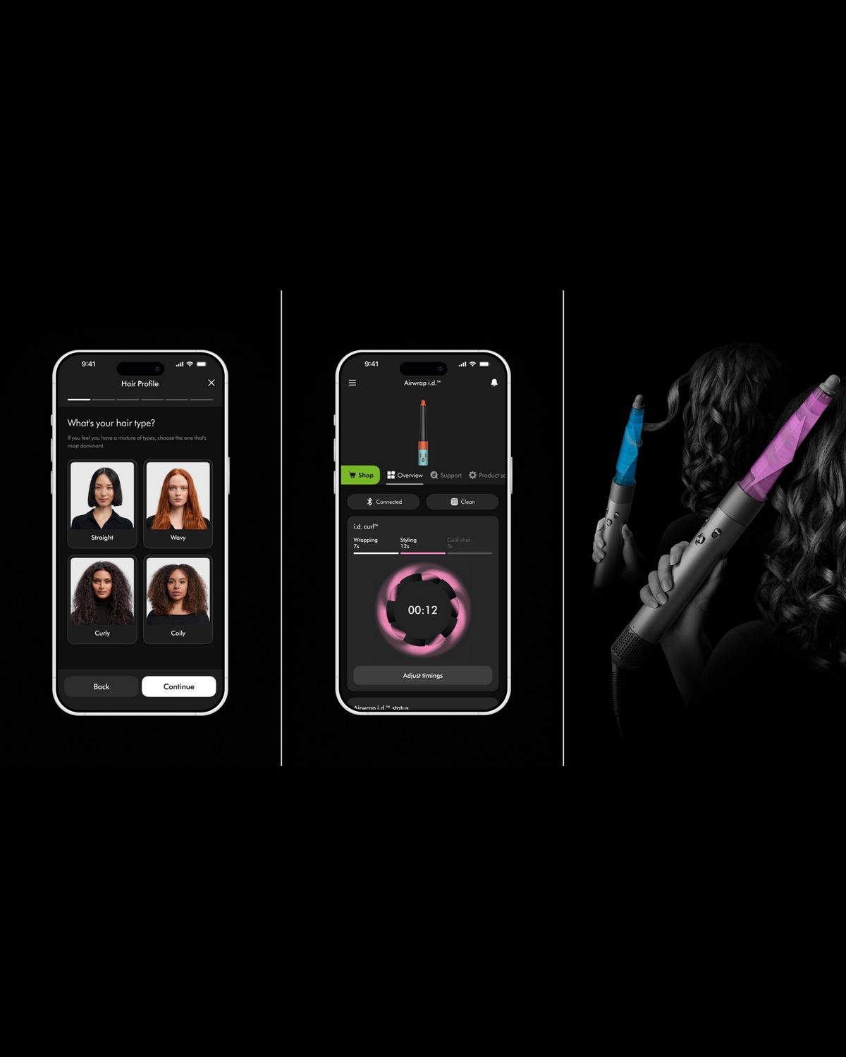 Set of three split images. First is a smartphone, showing the My Dyson app and hair profile. Second has three app screens showing the My Dyson app. Third shows airflow around the barrel as a woman curls her hair. 