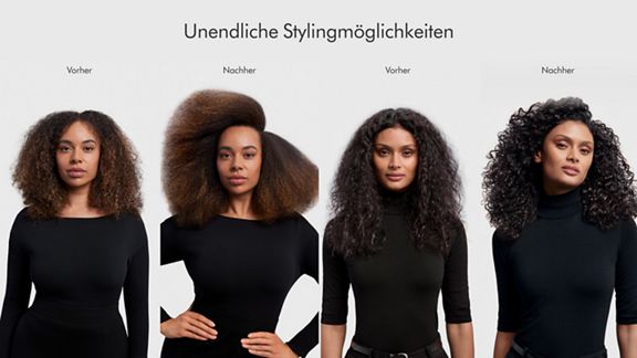 Verschiedene Haarstyles vor und nach der Anwendung des Dyson Airwrap ID.