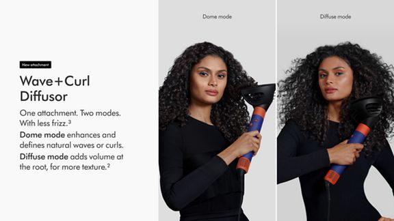Woman with curly hair styling with the wave and curl diffuser, showing styles achieved with two different modes.