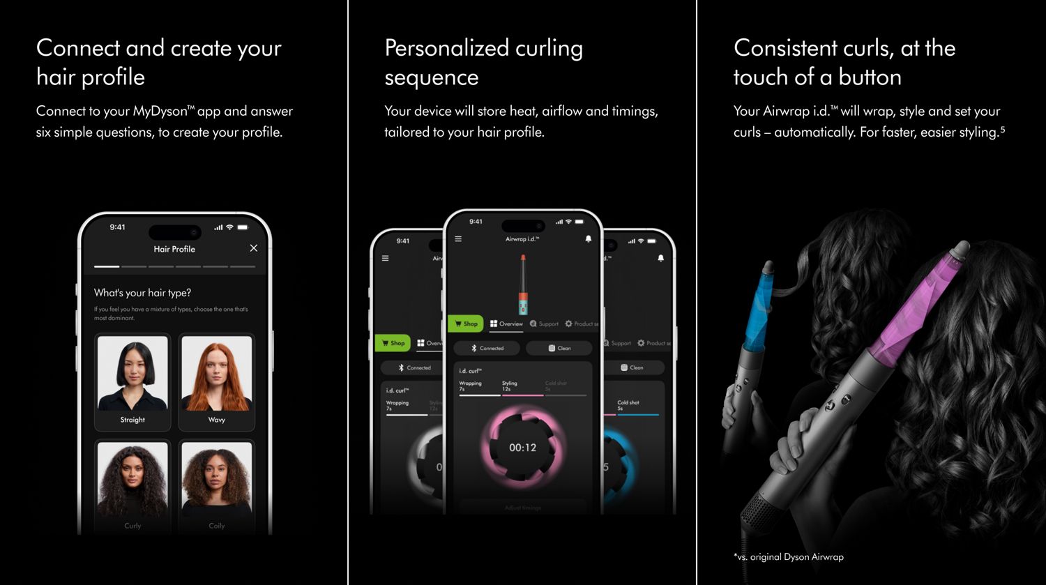 Set of three split images. First is a smartphone, showing the My Dyson app and hair profile. Second has three app screens showing the My Dyson app. Third shows airflow around the barrel as a woman curls her hair. 