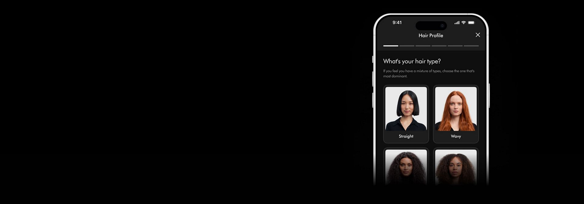 En telefonskærm, som viser en bruger, der opsætter sin hårprofil i MyDyson-appen.