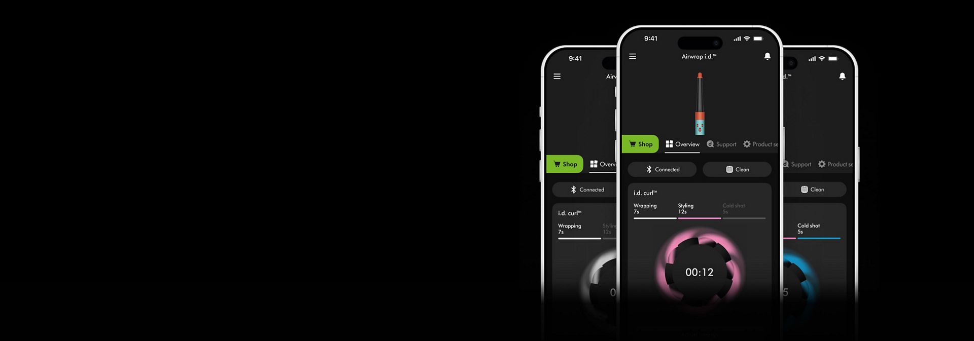 En trio af telefonskærme, der viser i.d. curl-funktionen i MyDyson-appen.