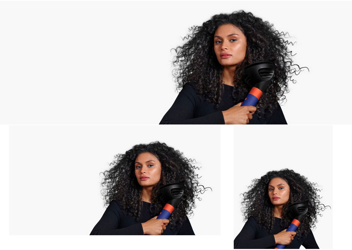 A model with dark hair uses the Wave+Curl diffuser to enhance her natural curls. Model using the Dyson Airwrap i.d. to dry hair.
