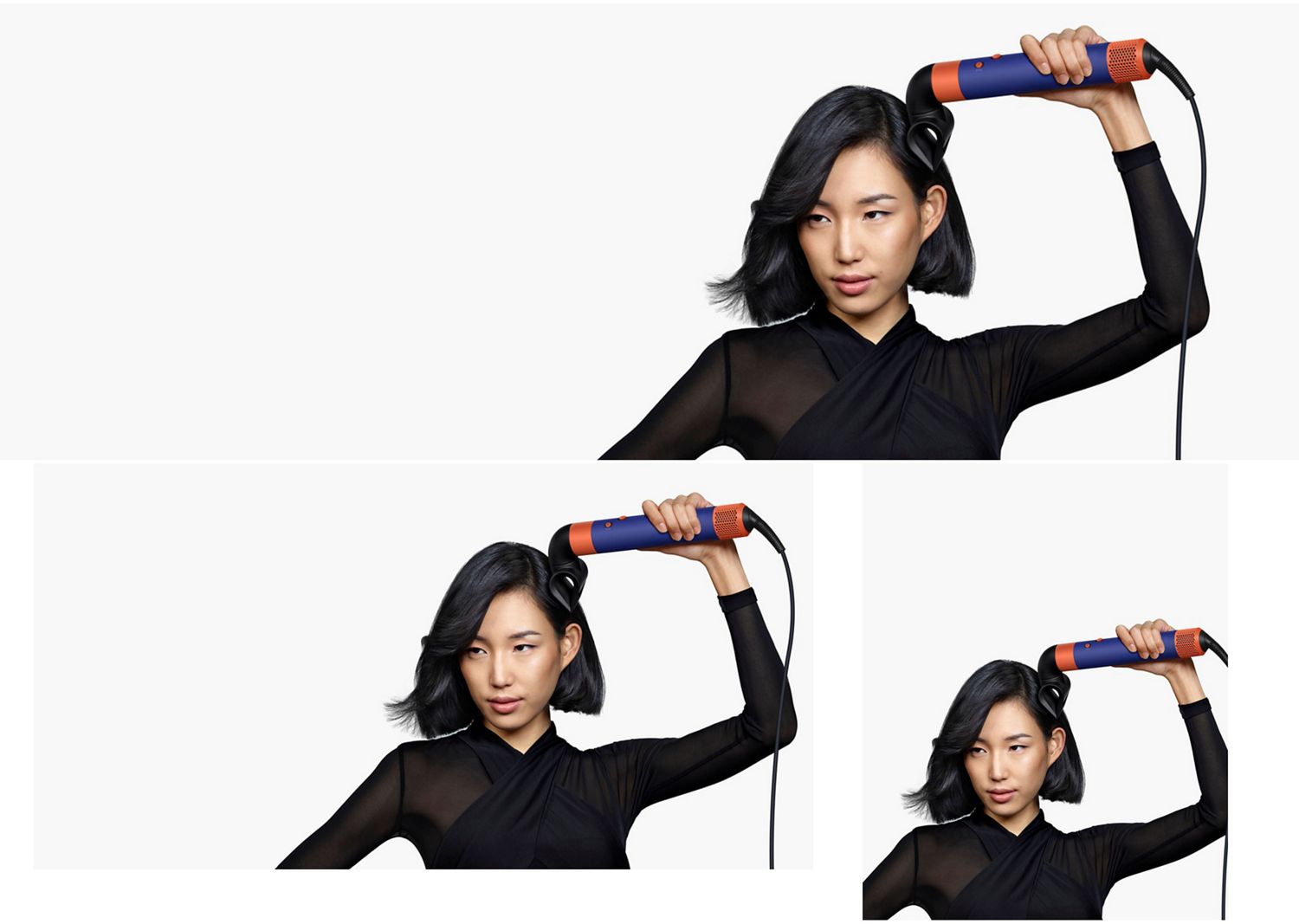 A model with medium length black hair uses the Blade concentrator to style her hair.