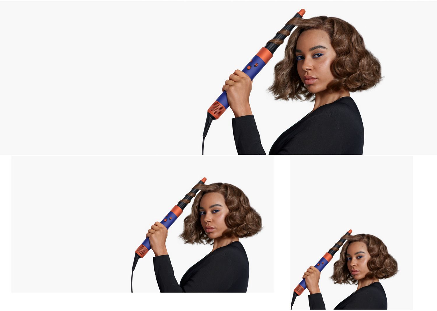 Ein Model mit kinnlangem braunem Haar verwendet den Conical Airwrap Zylinder, um ihrem Haar Wellen zu verleihen.