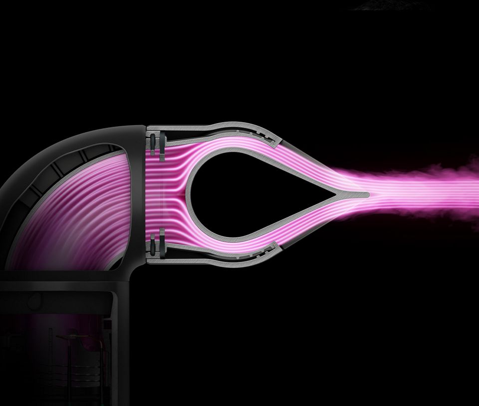 En pink grafik viser den koncentrerede luftstrøm, der genereres af Blade Concentrator-tilbehøret.