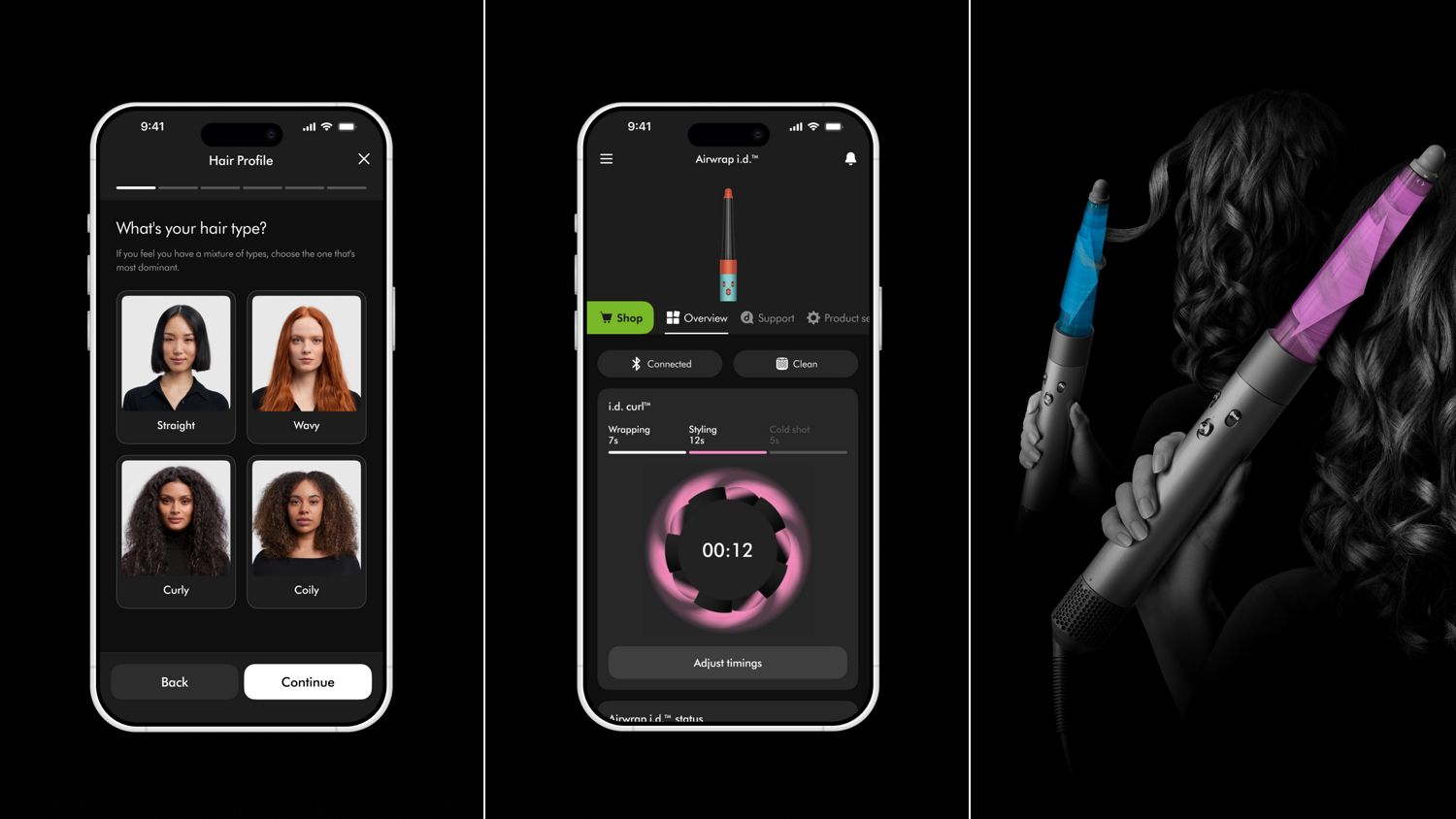 Satz von drei geteilten Bildern. Das erste ist ein Smartphone, das die My Dyson App und das Haarprofil zeigt. Das Zweite zeigt drei App-Bildschirme mit der My Dyson App. Das Dritte zeigt den Luftstrom um den Aufsatz, während eine Frau ihr Haar lockt. 