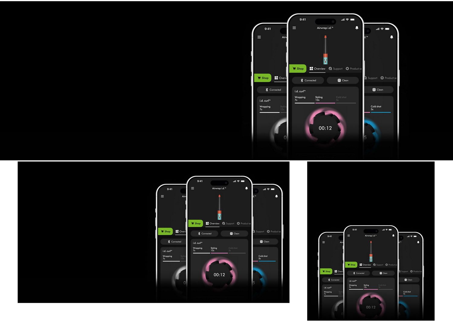 Три екрани мобільного телефону показують дію програми id Curl для накручування, укладання та завивки.