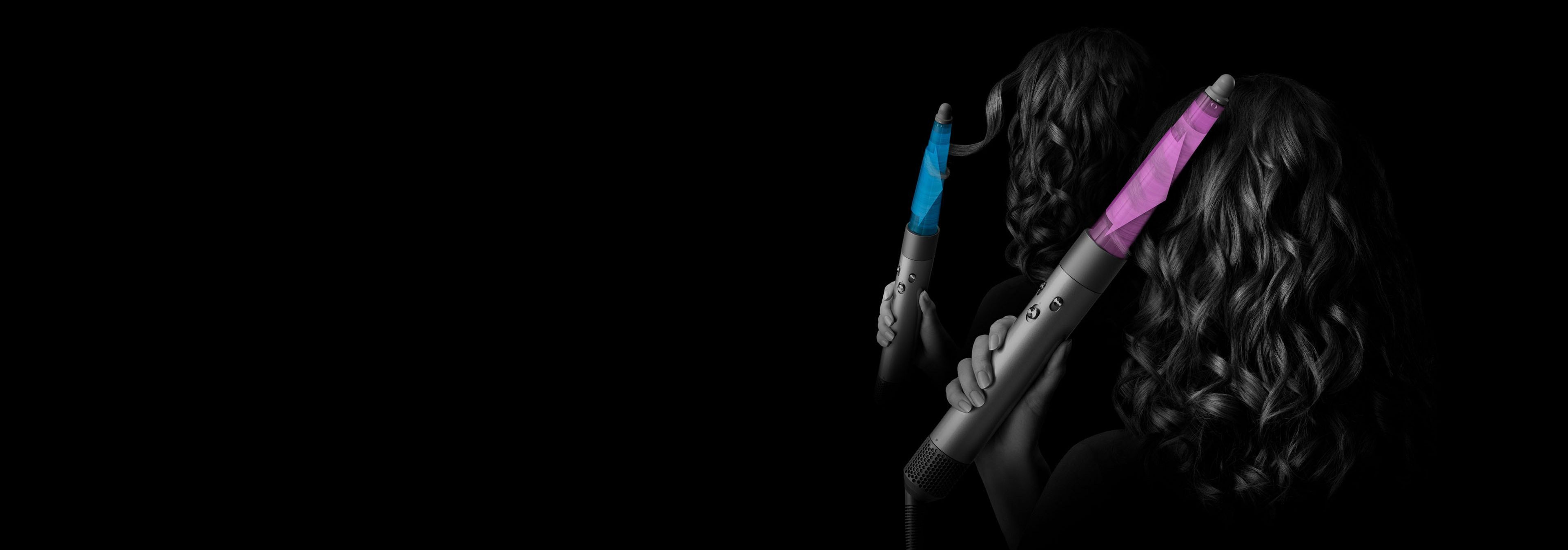 Показано модель із використанням Dyson Airwrap id із конічним насадкою для завивки. Потік повітря вздовж насадки для локонів виділено синім кольором. Модель показано з використанням ідентифікатора Airwrap із насадкою Conical barrel. Потік повітря вздовж стовбура показано синім кольором.