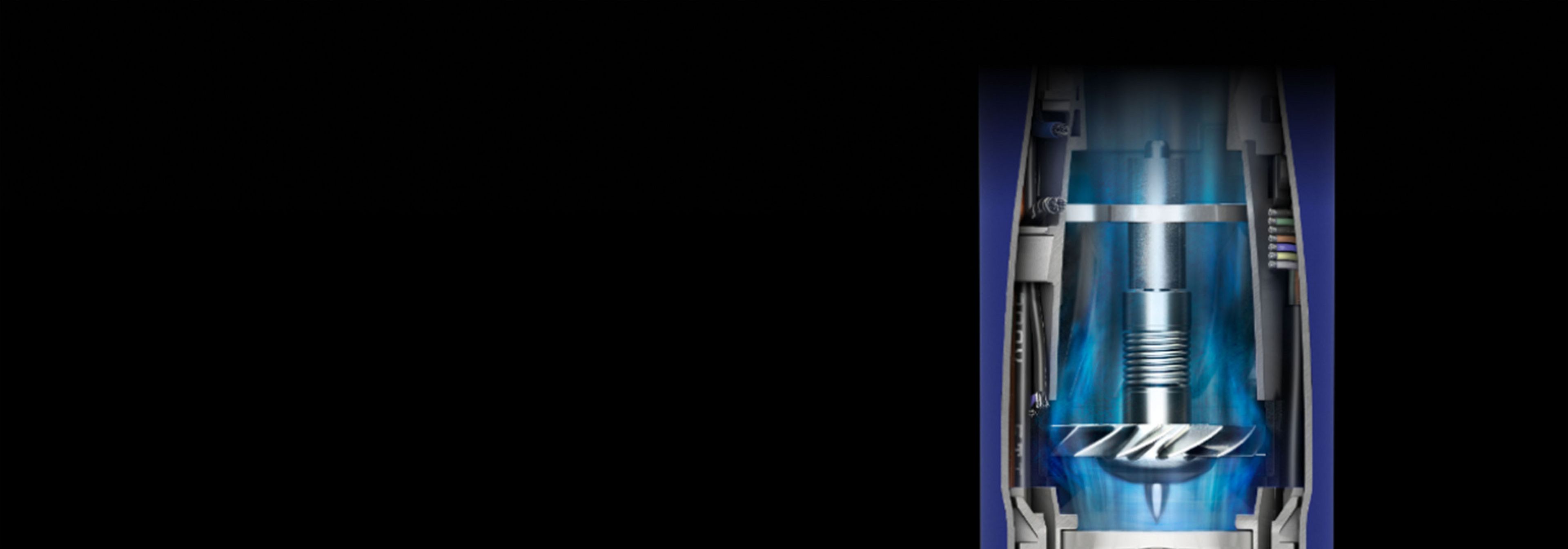 Розріз цифрового двигуна Dyson, який створює повітряний потік у пристрої Airwrap. Фрагмент мультистайлера та сушарки Dyson Airwrap id із зображенням двигуна.