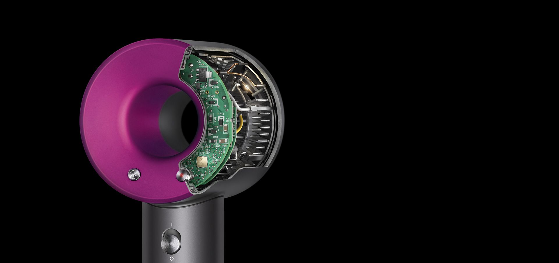 Cutaways of the Supersonic hair dryer to demonstrate powerful airflow and intelligent heat control.