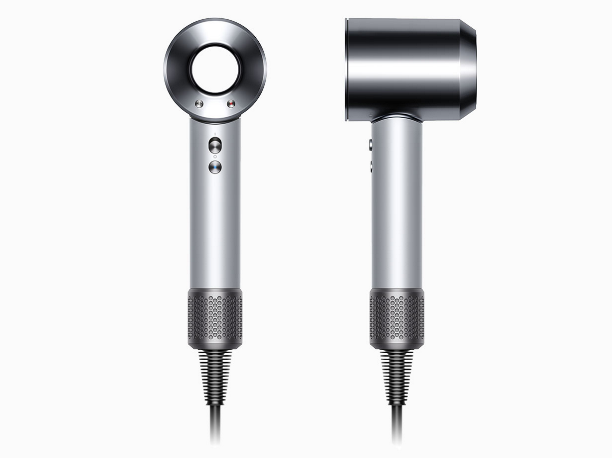 Dyson Supersonic professional hair dryer, front and side view.