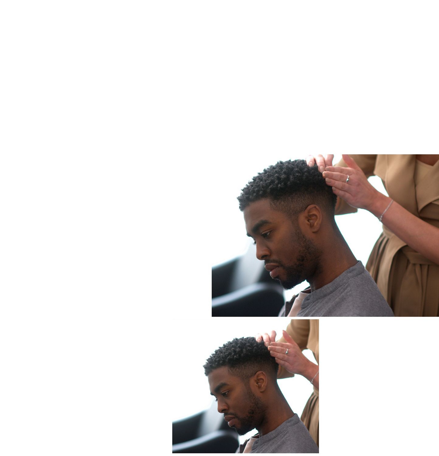 Amy Johnson examining model's scalp Amy Johnson examining model's scalp