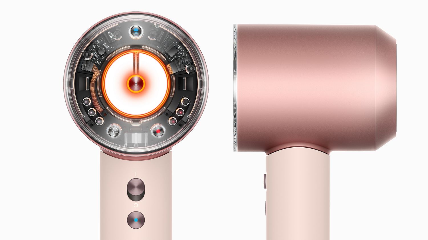 The Dyson Supersonic Nural hair dryer from the back and from the side