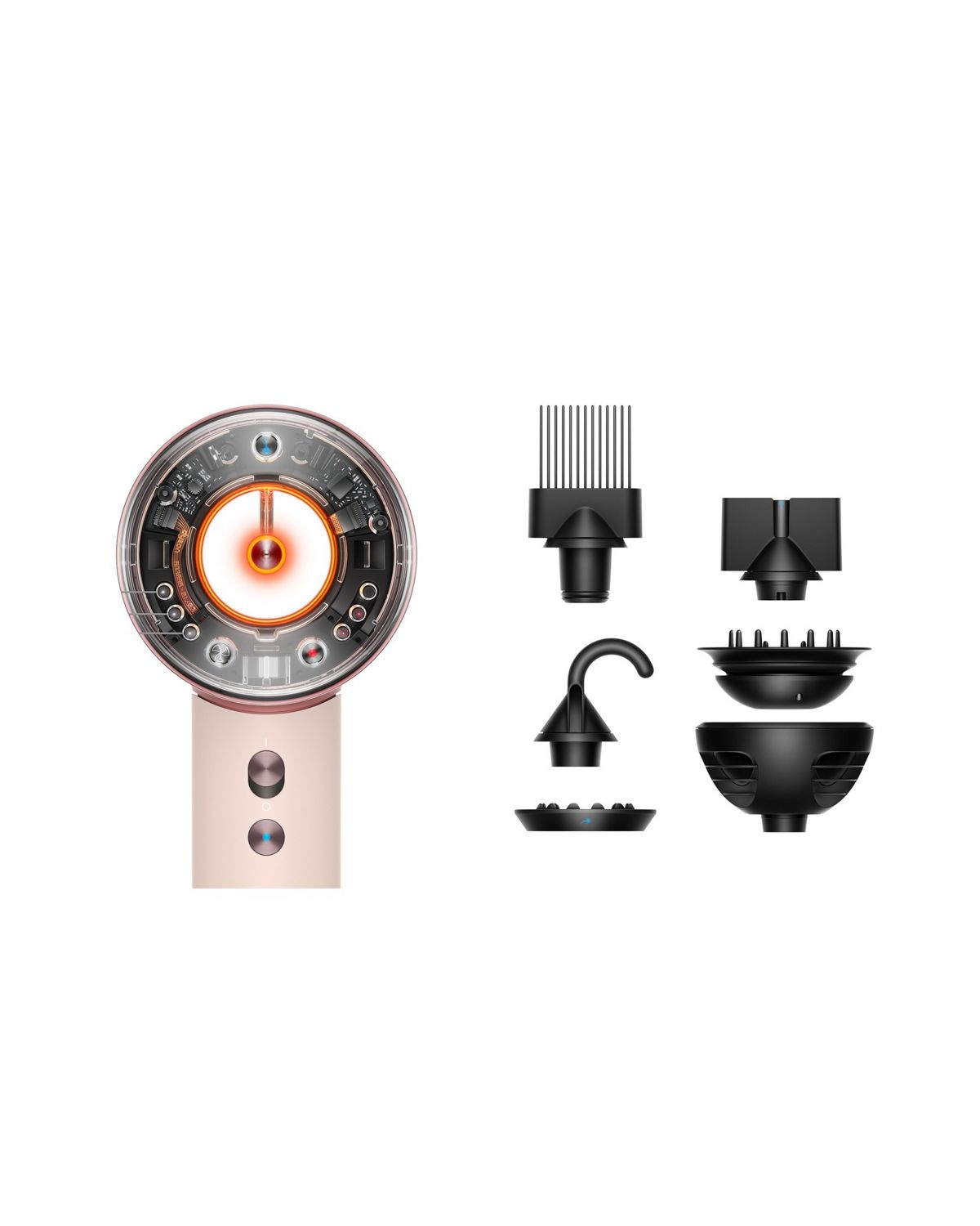 The The Dyson Supersonic Nural in Ceramic pink with the range of accessories in the box.