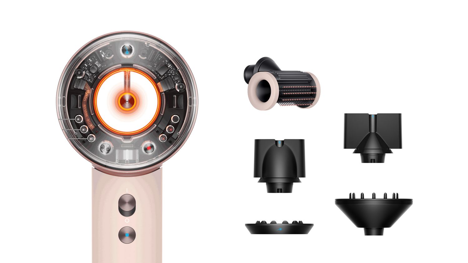 The The Dyson Supersonic Nural in Ceramic pink with the range of accessories in the box.