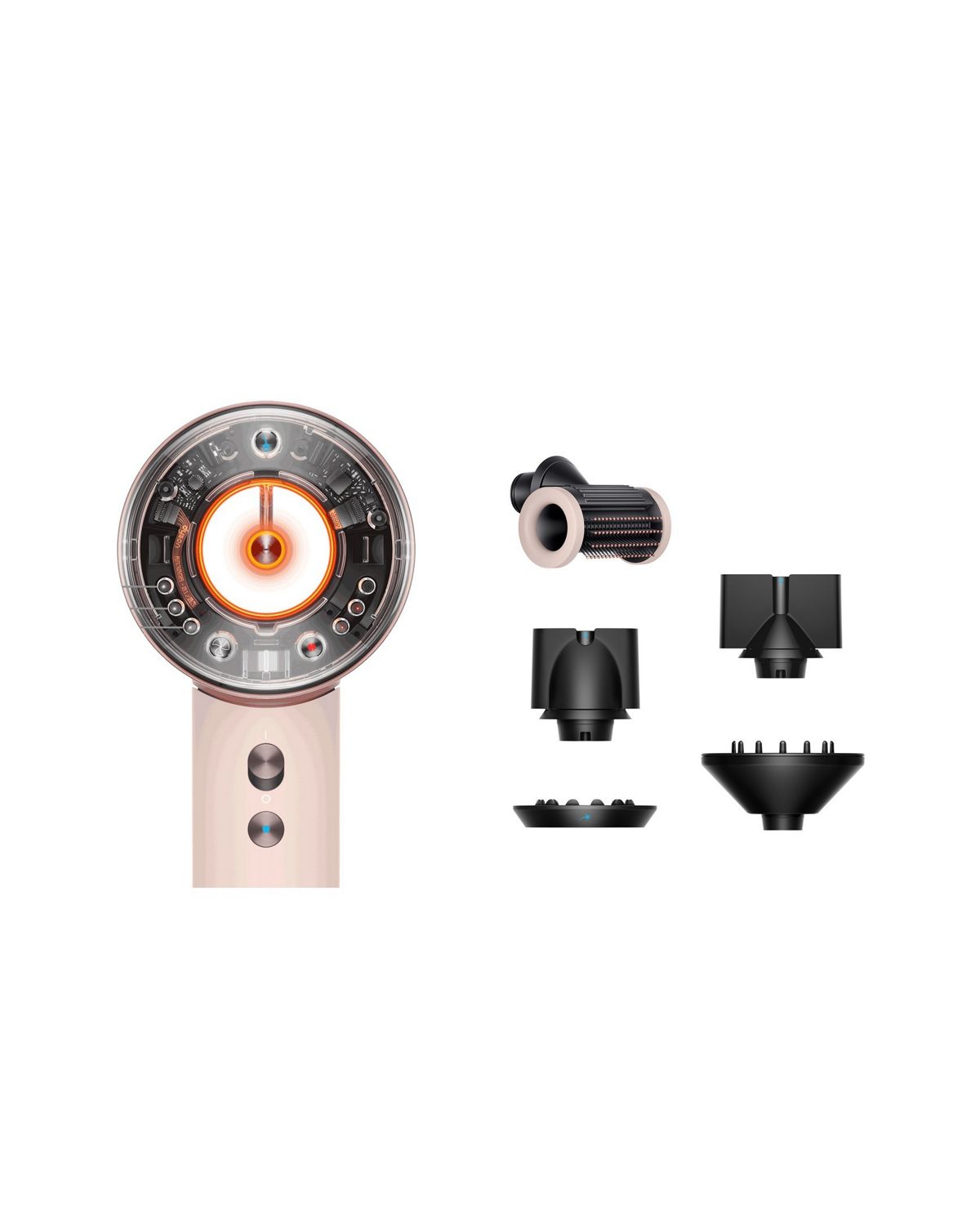 The The Dyson Supersonic Nural in Ceramic pink with the range of accessories in the box.