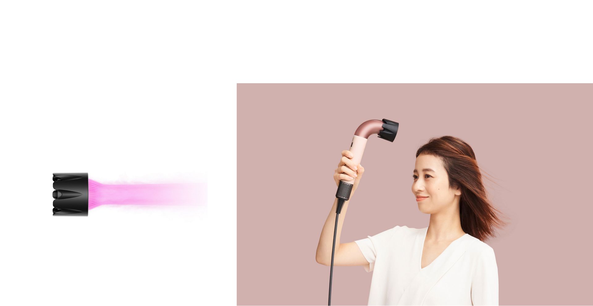 Dyson Supersonic rヘアドライヤーと低温ツールで髪を乾かすモデル