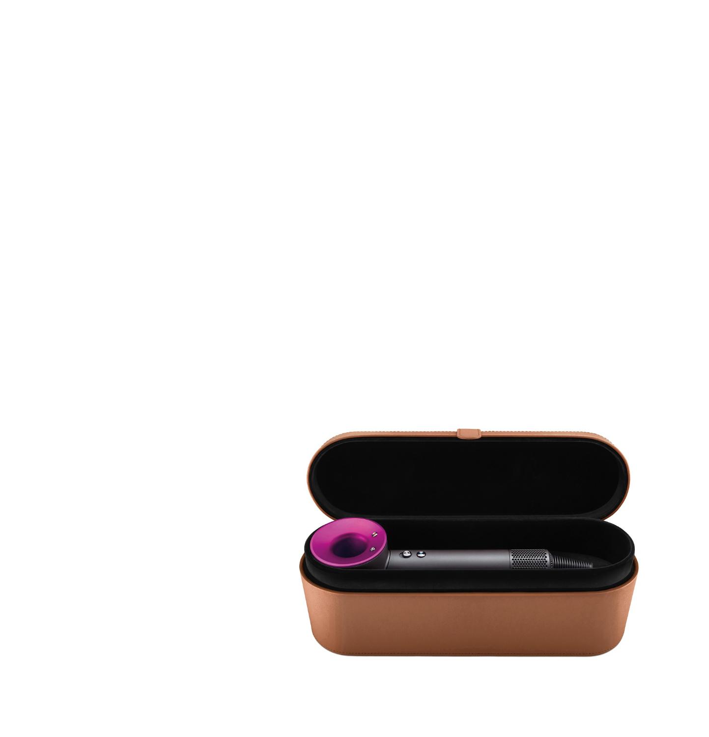 coffret de présentation dyson Supersonic Brun avec le sèche-cheveux supersonic rangé