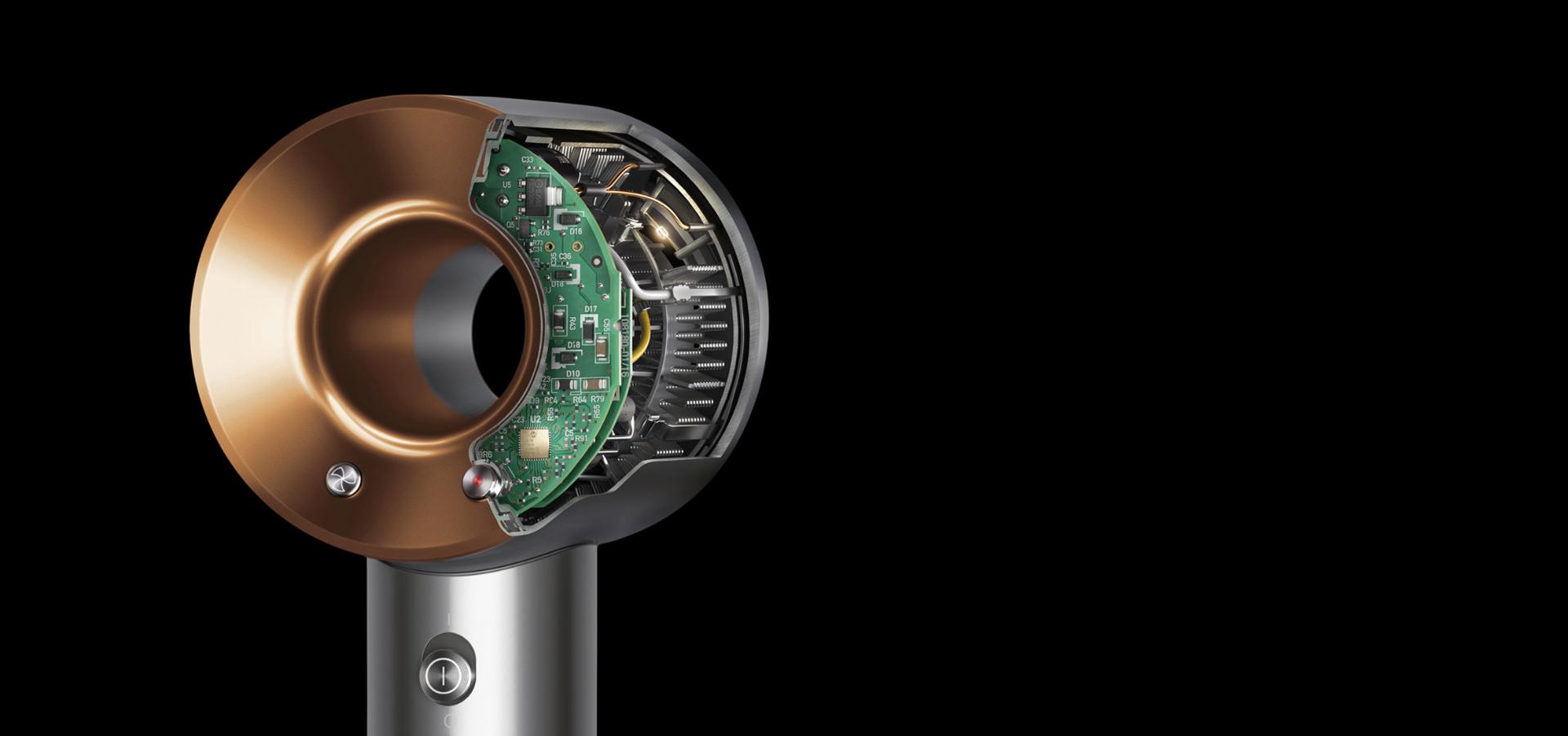 Cutaways of the Supersonic hair dryer to demonstrate powerful airflow and intelligent heat control