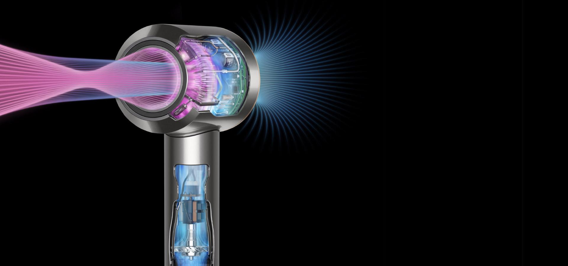 Cutaways of the Supersonic hair dryer to demonstrate powerful airflow and intelligent heat control