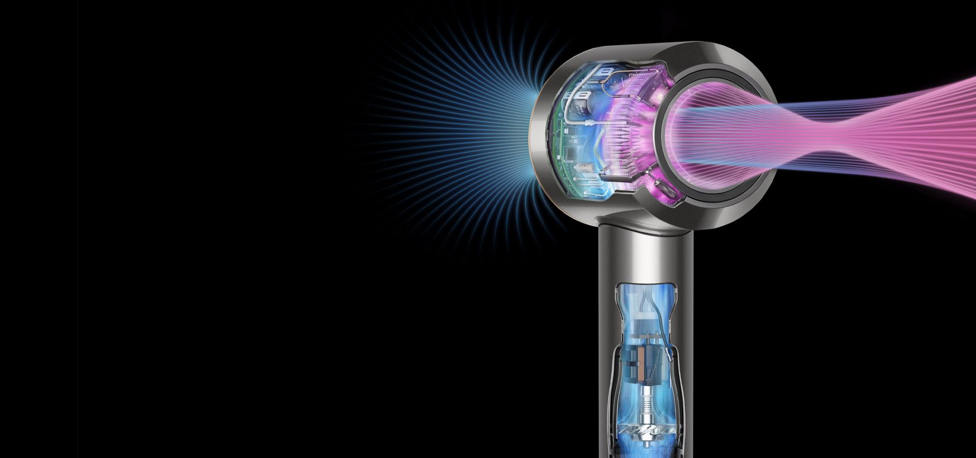 Cutaways of the Supersonic hair dryer to demonstrate powerful airflow and intelligent heat control.