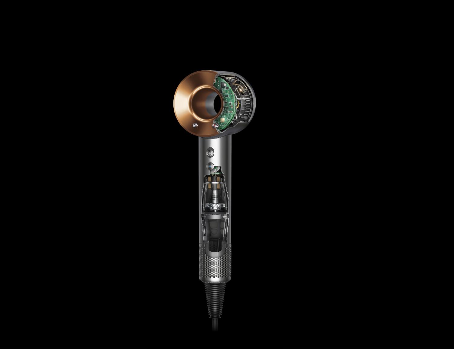 Cutaways of the Supersonic hair dryer to demonstrate powerful airflow and intelligent heat control.