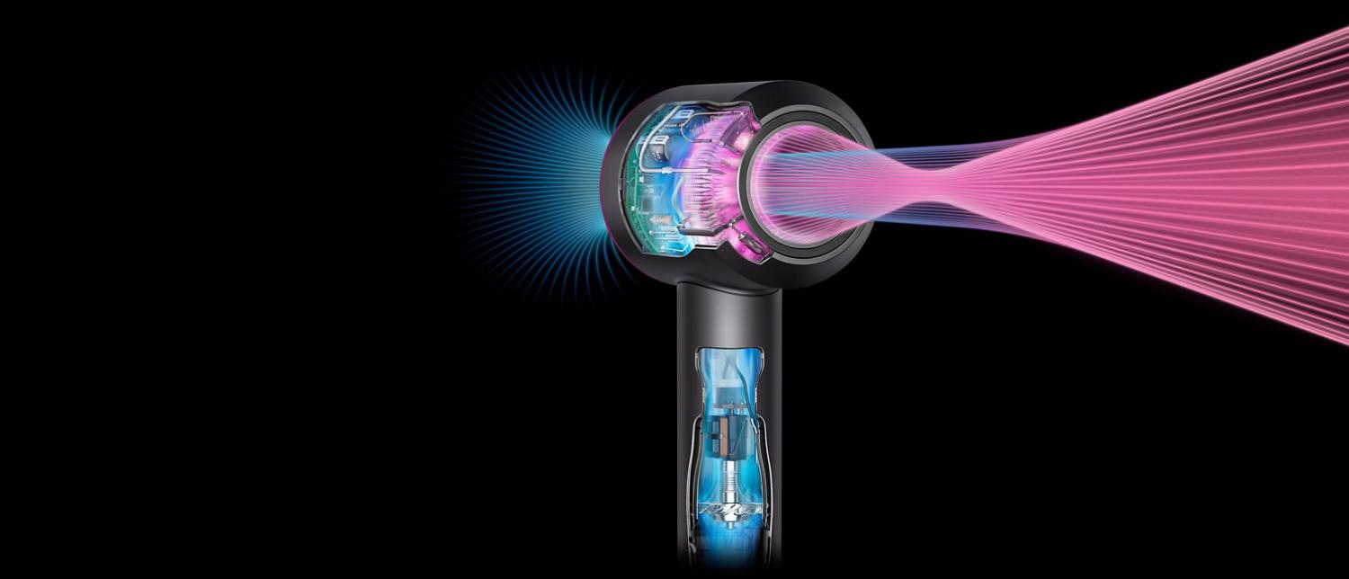 Cortes transversales del secador de pelo Supersonic para mostrar su potente flujo de aire y control de calor inteligente.
