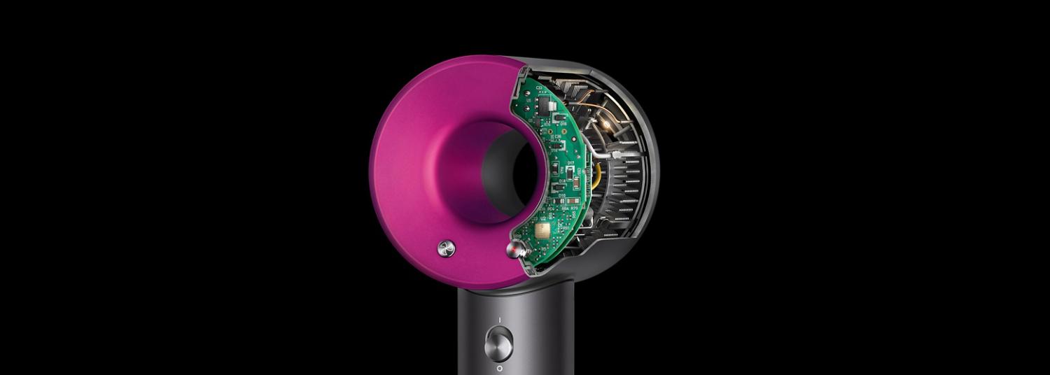 Cortes transversales del secador de pelo Supersonic para mostrar su potente flujo de aire y control de calor inteligente.