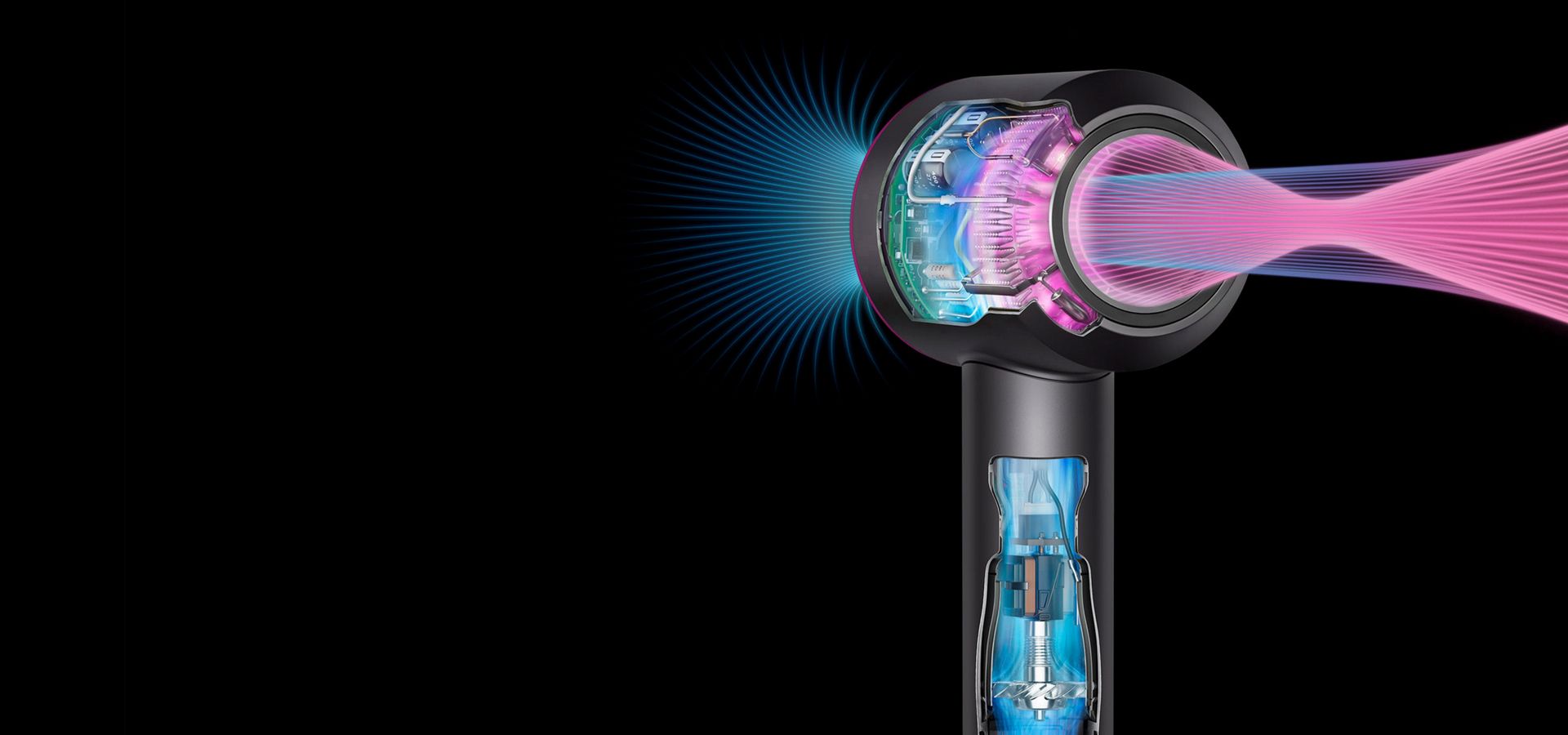 Cutaways of the Supersonic hair dryer to demonstrate powerful airflow and intelligent heat control.