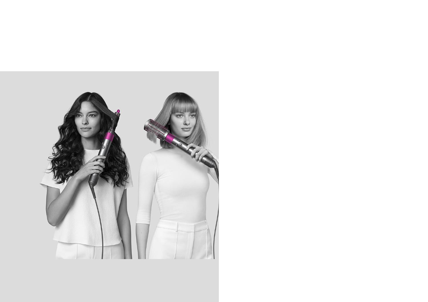 Women styling their hair with copper Dyson Supersonic hair dryer and Dyson Airwrap styler